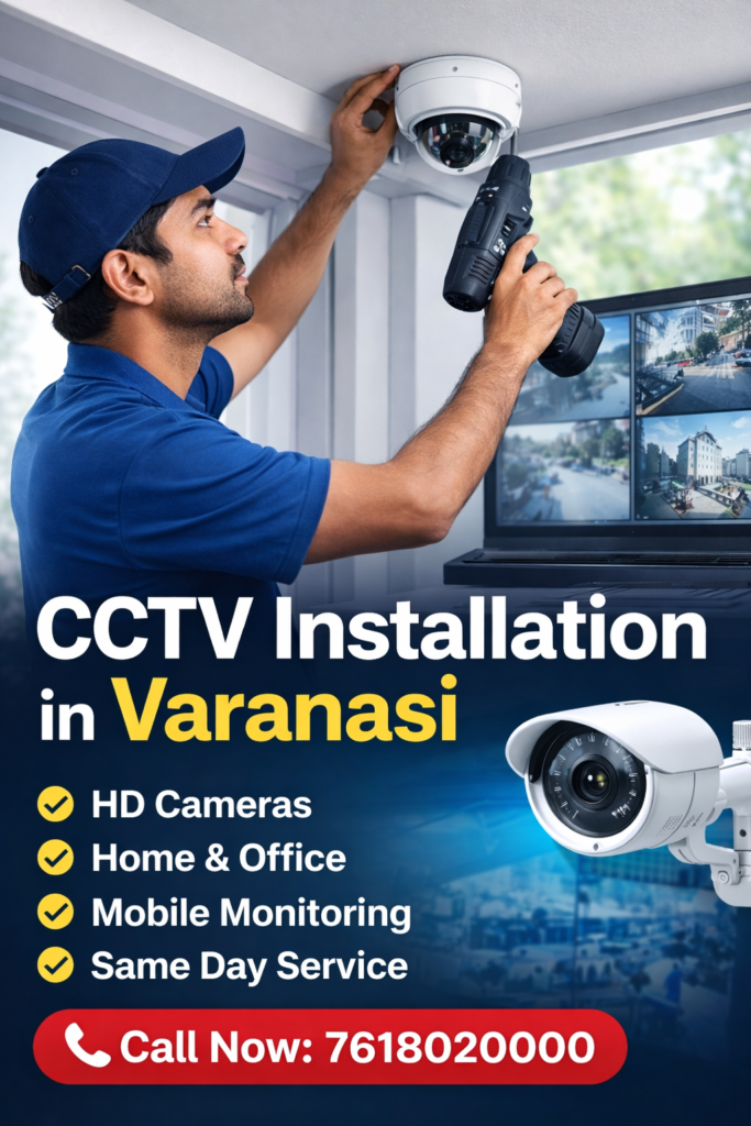 cctv installation service in sunderpur varanasi technician installing security camera for home and office