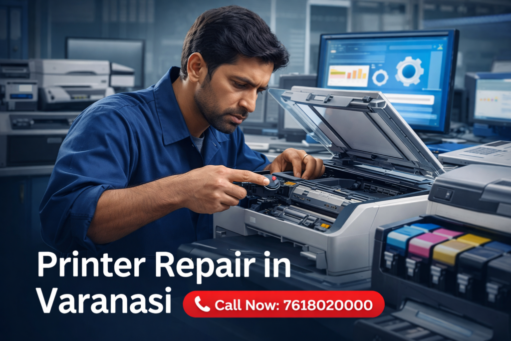 Printer repair service in Sunderpur Varanasi by Ajey Computer technician fixing laser and inkjet printer