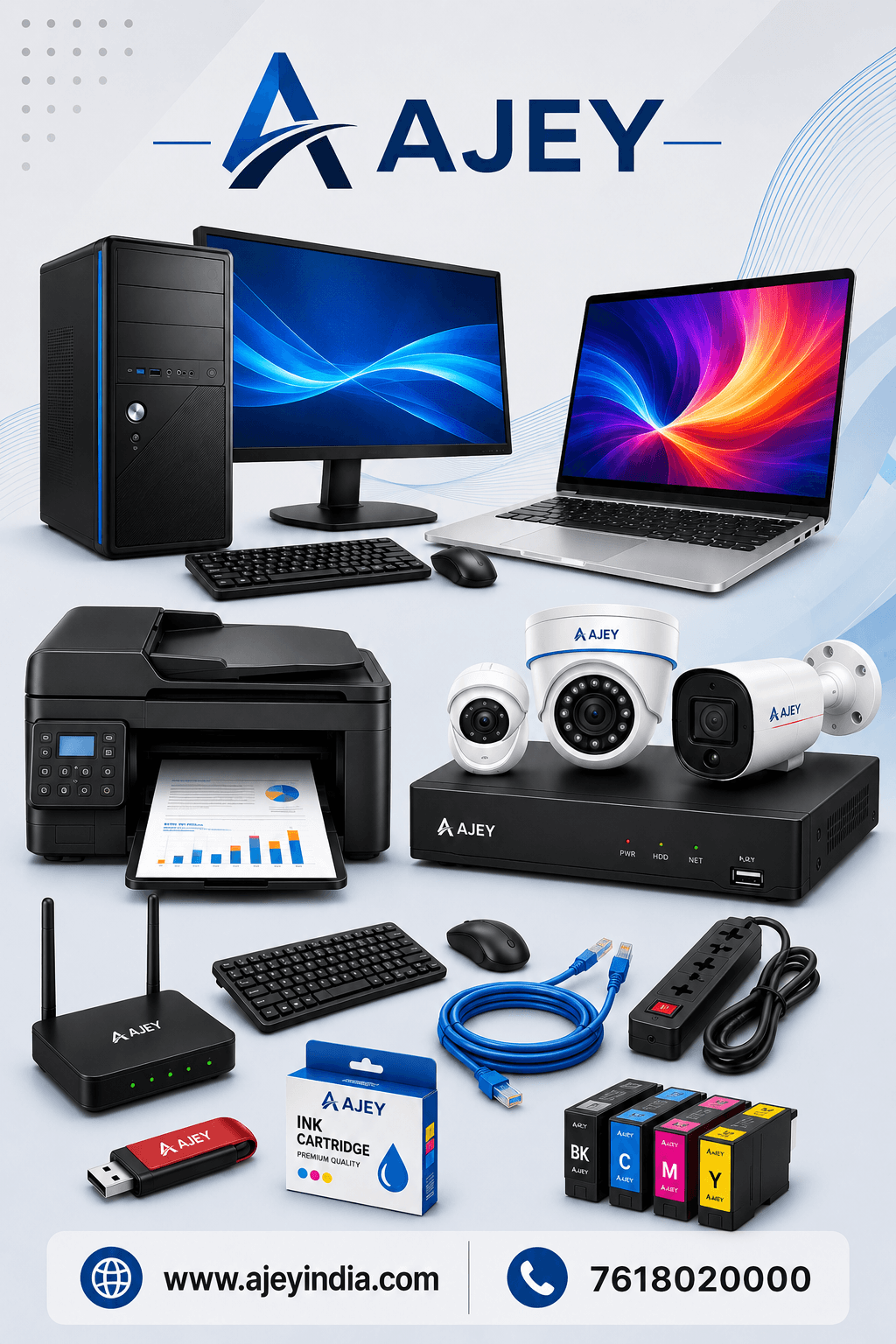 Ajey Computer Varanasi hero image with computer set laptop printer CP Plus CCTV cameras and accessories