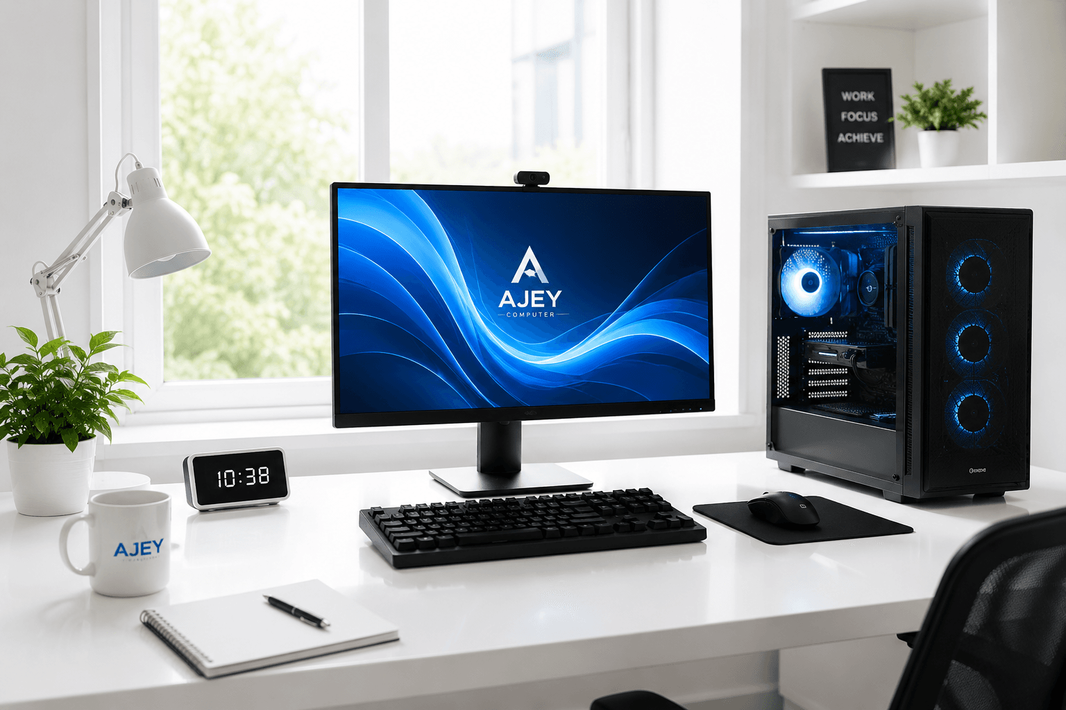 Modern desktop setup with white desk for Ajey Computer laptop and computer services in Varanasi near BHU
