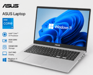 ASUS silver laptop with Intel Core i5 processor, 8GB RAM and SSD storage