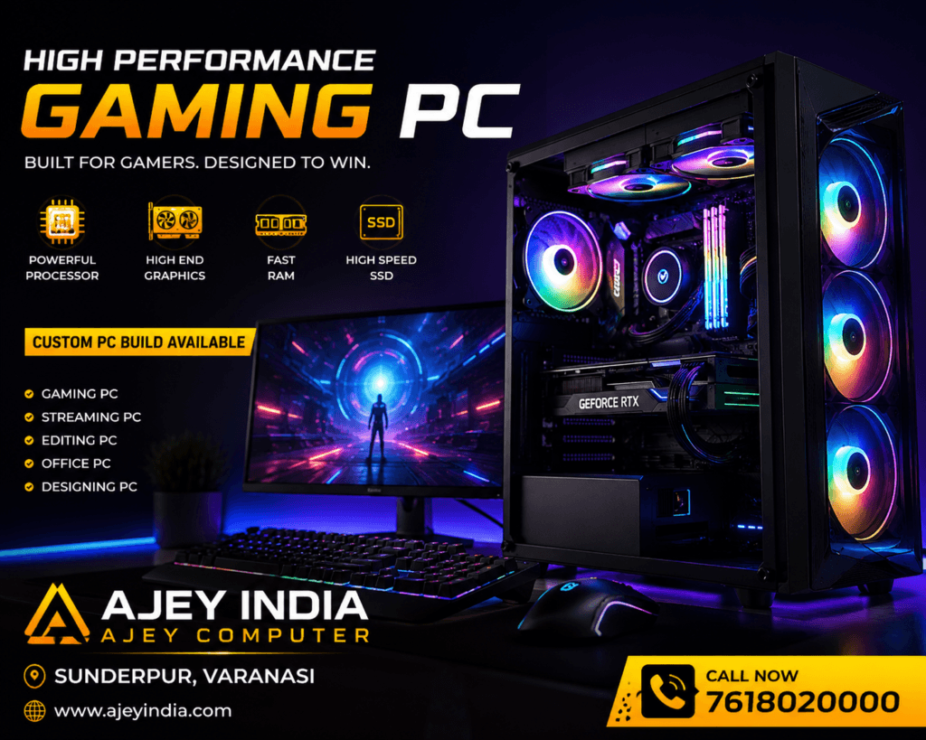 Custom Gaming PC Build Setup in Varanasi by Ajey India with RGB Cabinet and High Performance Desktop Computer
