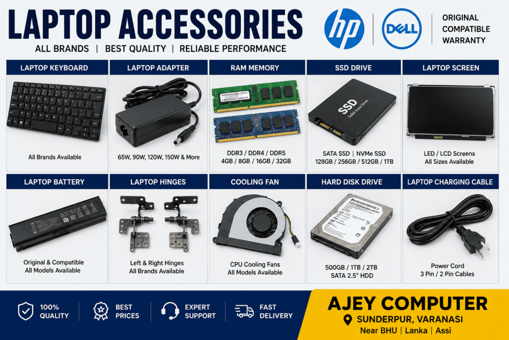 Laptop accessories including keyboard, adapter, RAM, SSD and screen available in Varanasi