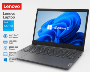 Lenovo laptop with Intel Core i3 processor, 4GB RAM and Windows 11 display