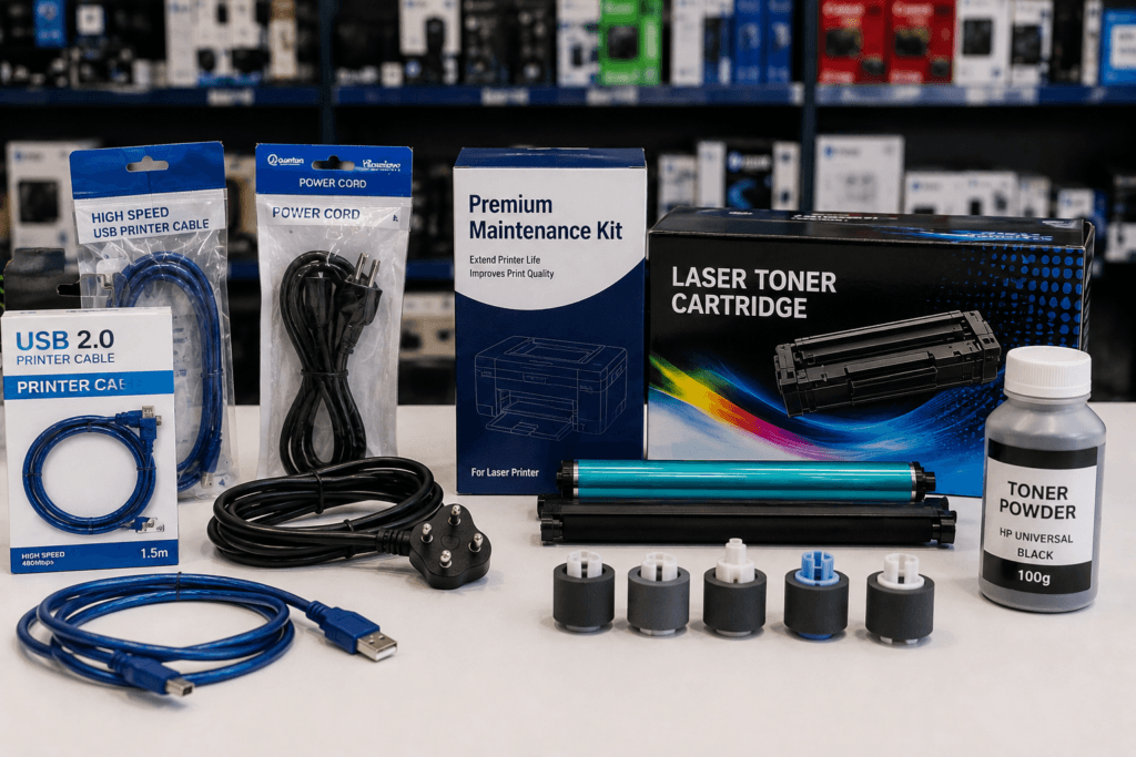 Printer accessories including printer cable, power cable and maintenance cartridge available in Varanasi
