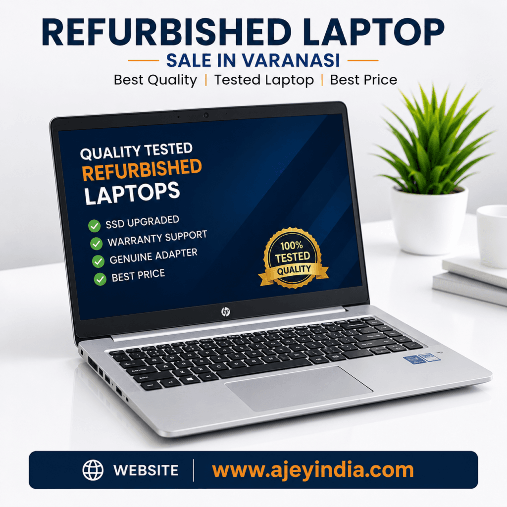 Refurbished laptop on white table for sale in Varanasi at Ajey Computer