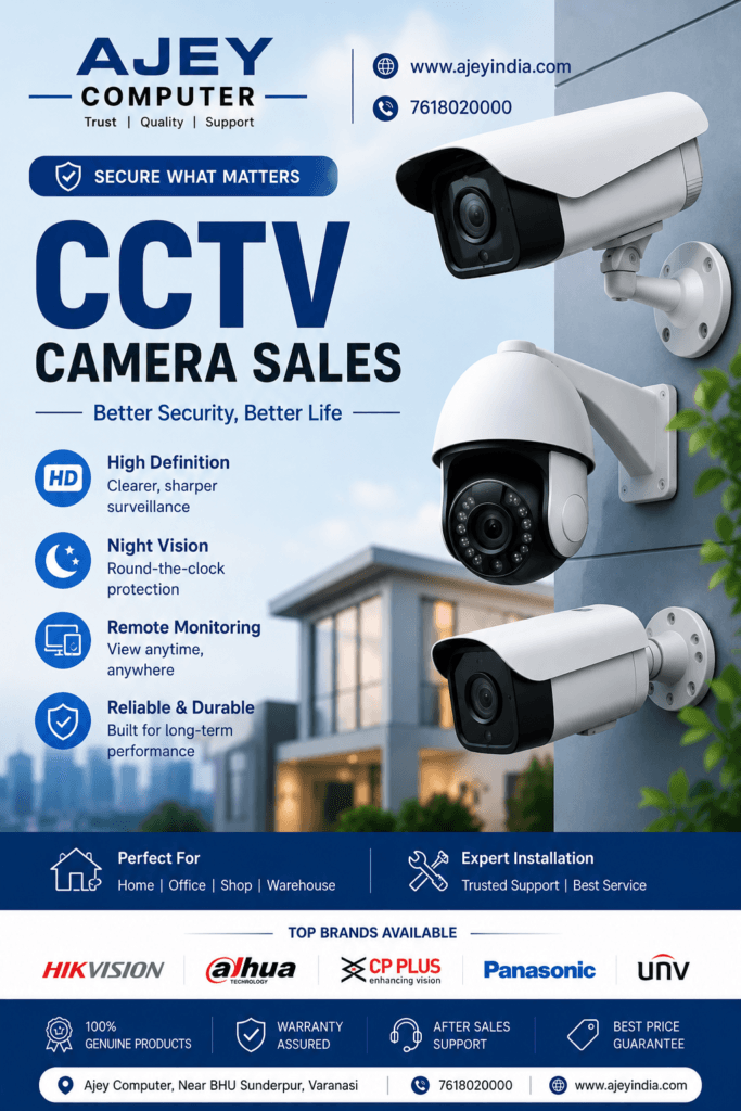 CCTV Camera Shop in Varanasi by Ajey Computer with CCTV installation, DVR, NVR and IP camera setup services.
