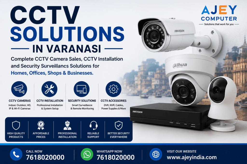 CCTV Solutions in Varanasi by Ajey India offering CCTV cameras, CCTV installation, surveillance systems, DVR, NVR and security solutions.