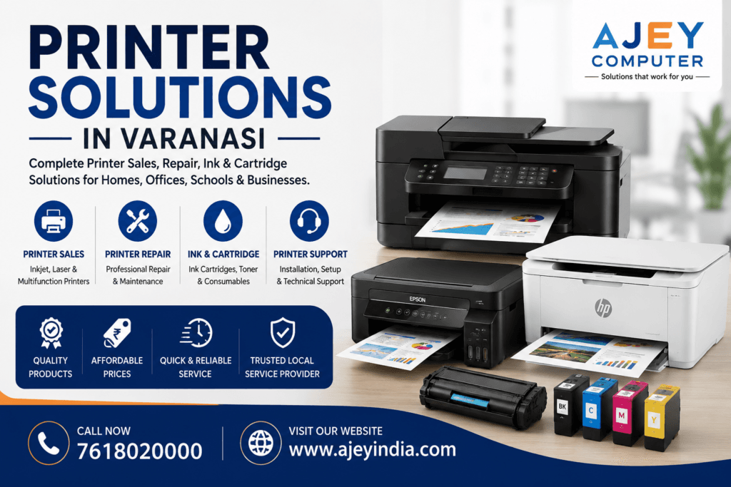 Printer Solutions in Varanasi by Ajey India offering printer sales, printer repair, ink cartridges, toner cartridges and printer support services.