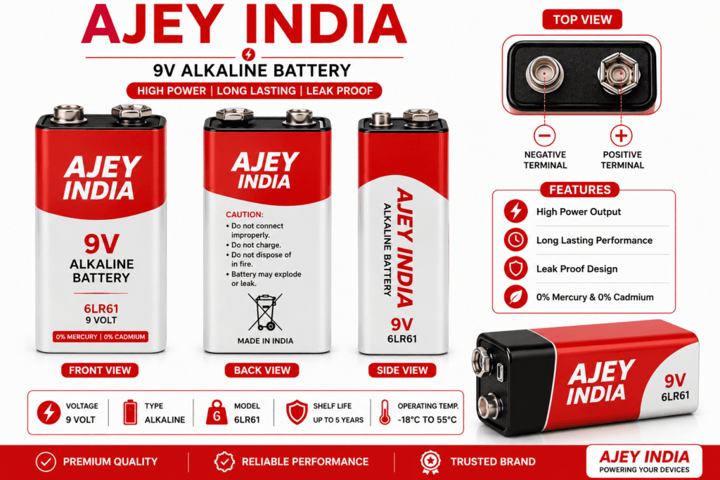 Ajey India 9V Alkaline Battery Front Back Side View in Varanasi