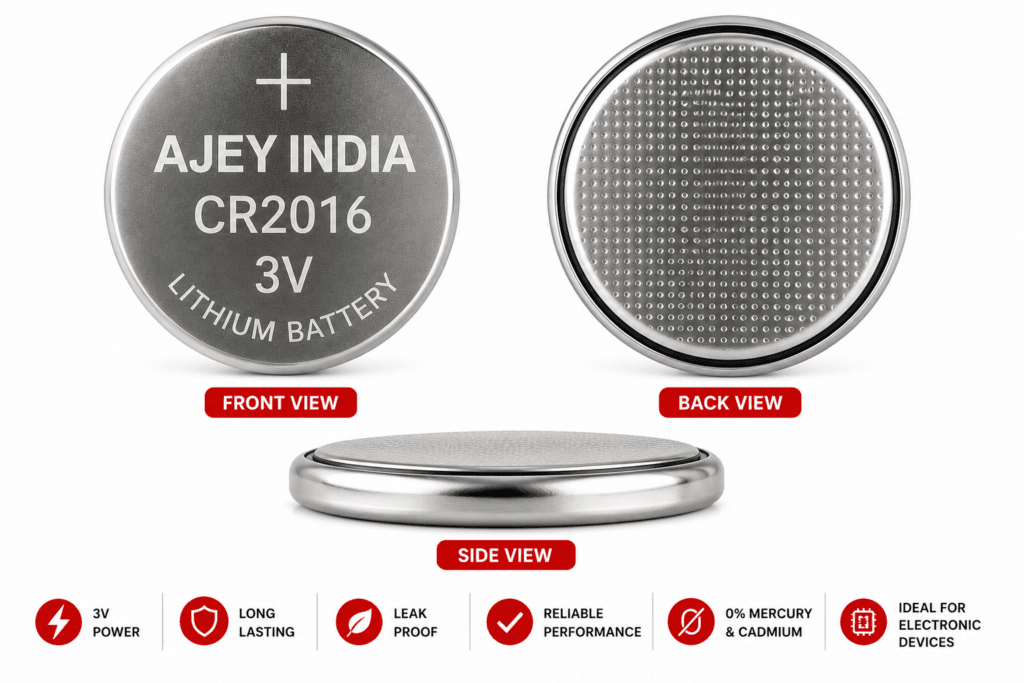 Ajey India CR2016 3V Lithium Coin Battery Front Back Side View in Varanasi