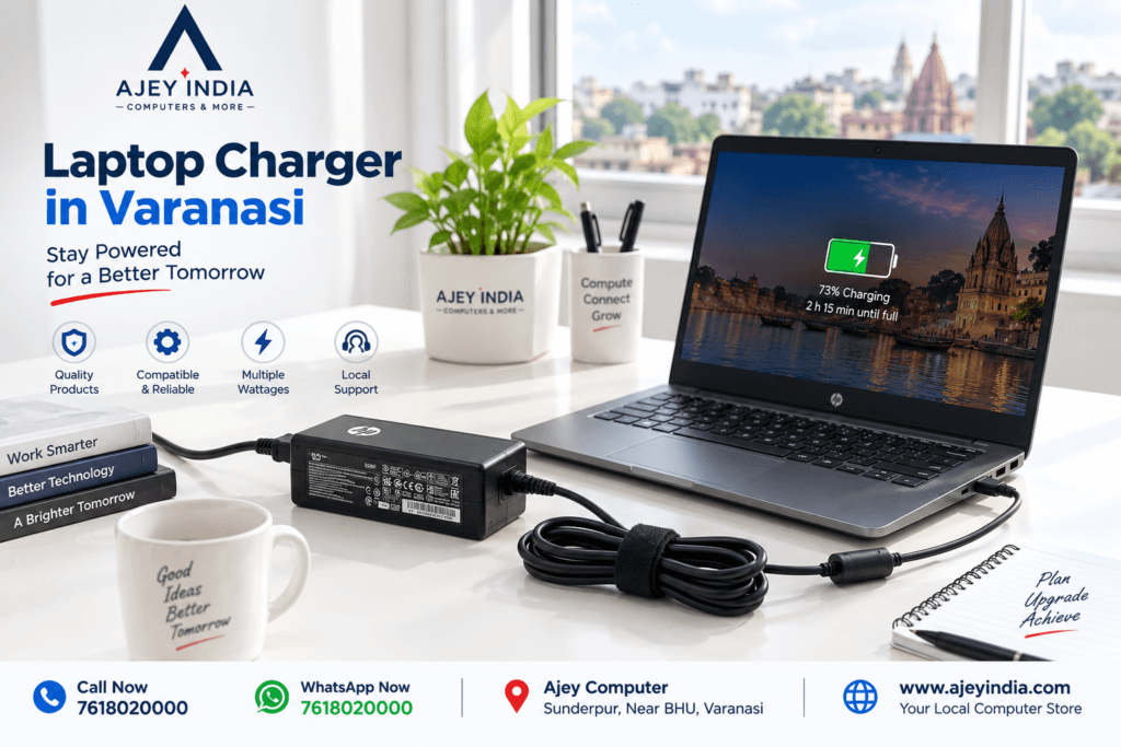 Laptop charger charging a laptop in Varanasi at Ajey India, Sunderpur near BHU